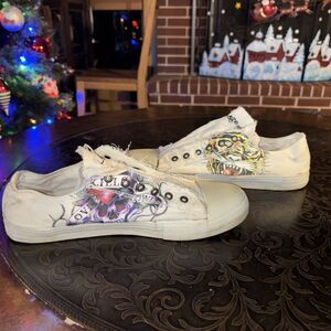 Ed Hardy VINTAGE Y2K Mens 10 Canvas Low Slip On Shoes Roar Tiger Skull Graphic